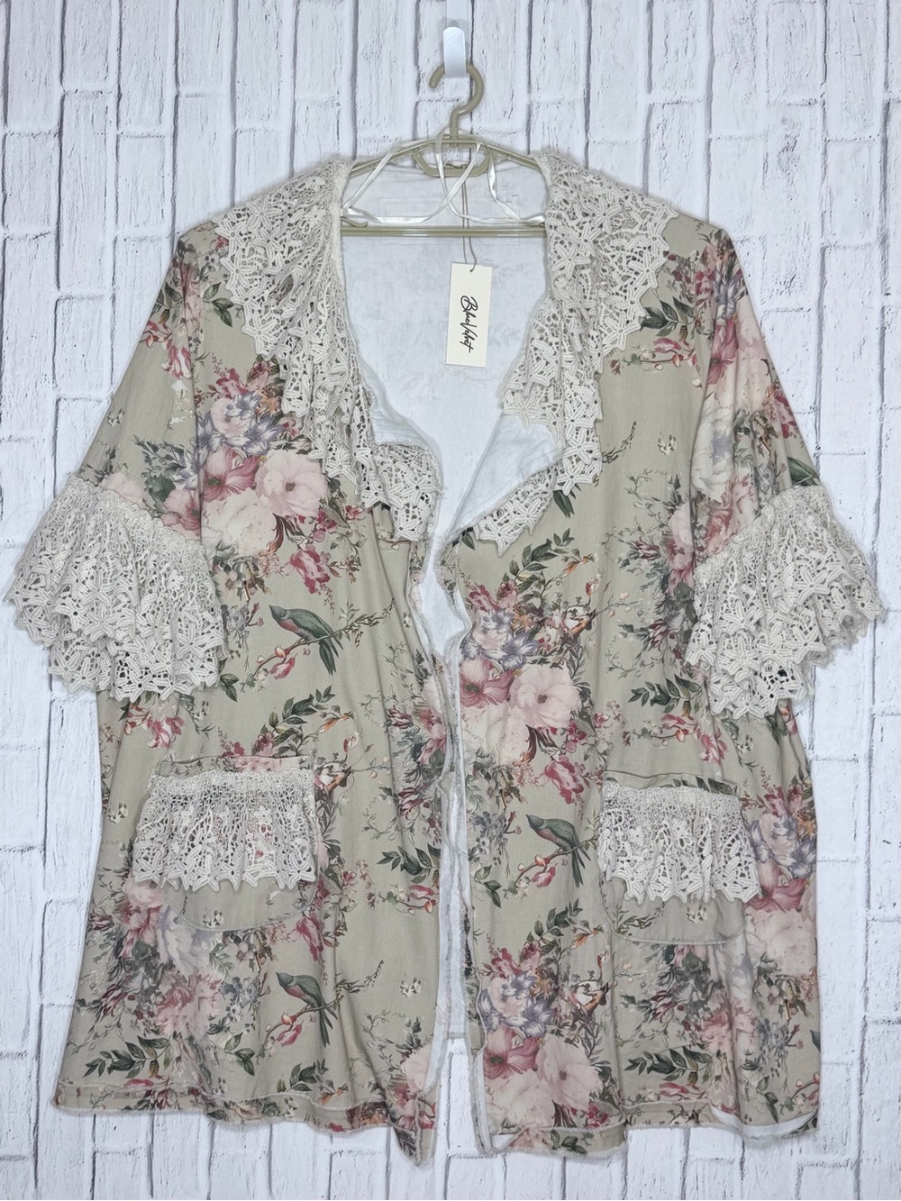 🌸 Blue Velvet Floral Lace Kimono Duster NWT 100% Cotton Boho S/M